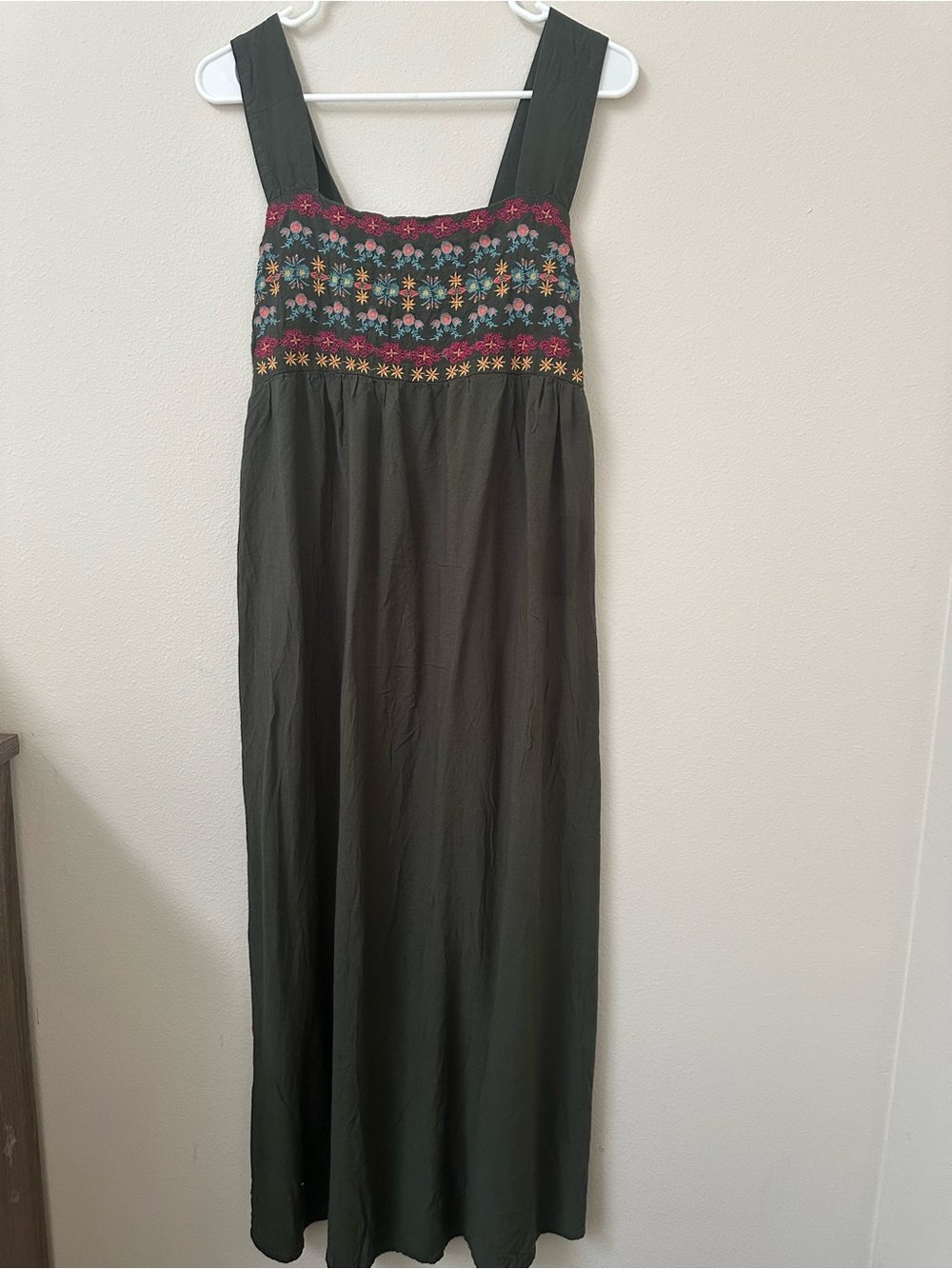 NATURAL LIFE Olive Maxi Dress with Multicolor Embroidered Bodice